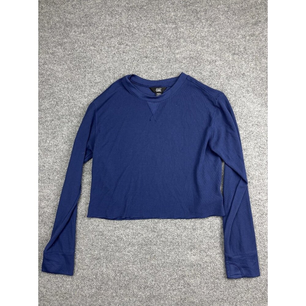 Athleta Girl Shirt Girls XXL 16 Blue Cropped Long Sleeve Crewneck Thermal Waffle